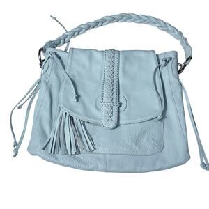 Carla Mancini Baby Blue Leather Shoulder Bag Braided handle and tassels
